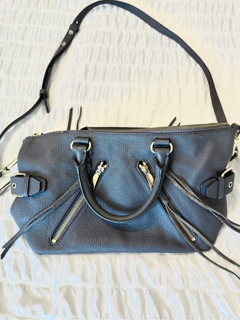 Rebecca Minkoff Regan Satchel Grey Pebbled Leather Gold Hardware Crossbody